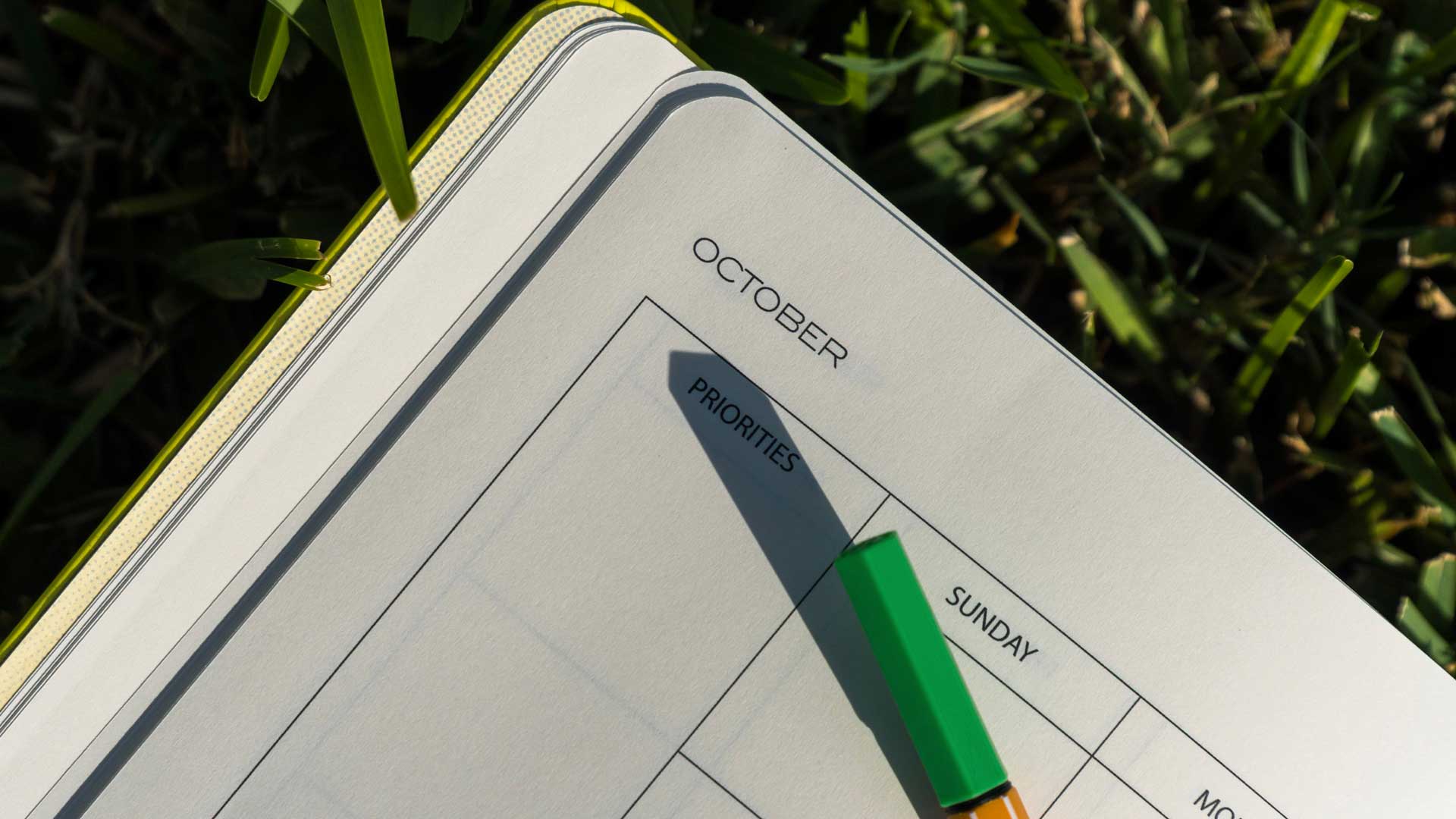 Agenda aberta com uma caneta sobre um campo de relva